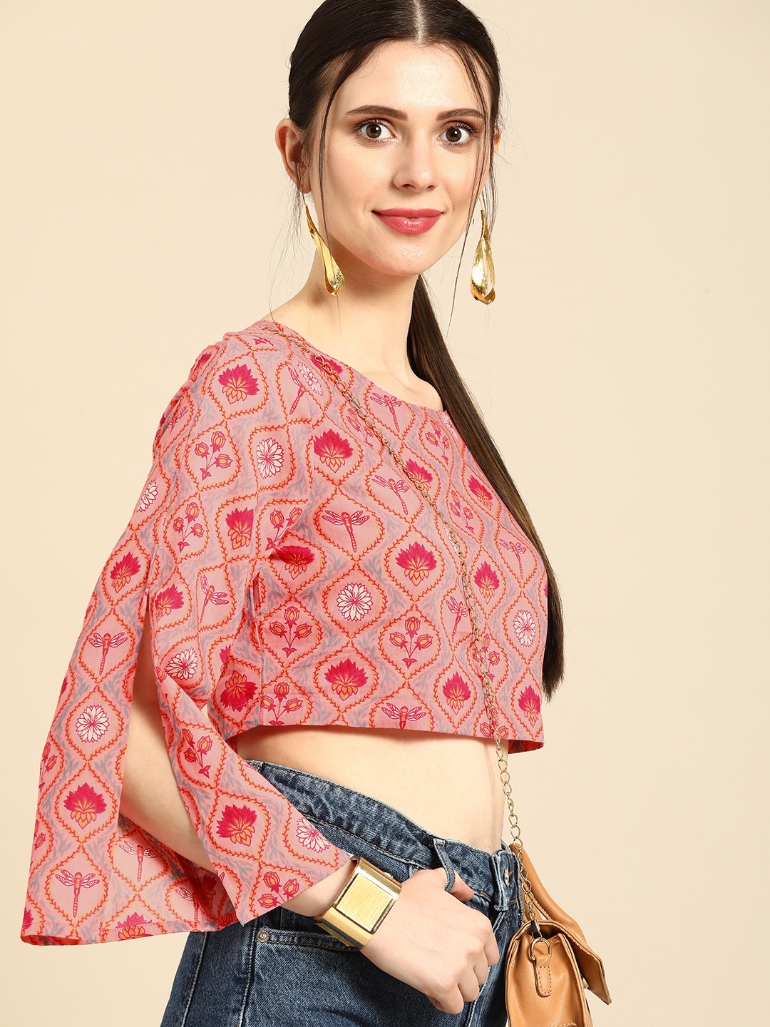 

Anouk Pink & Fuchsia Ethnic Motifs Print Blouson Crop Top