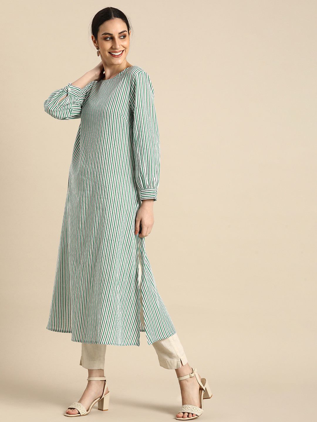 

Anouk Women Sea Green & Grey Vertical Striped Quirky Kurta