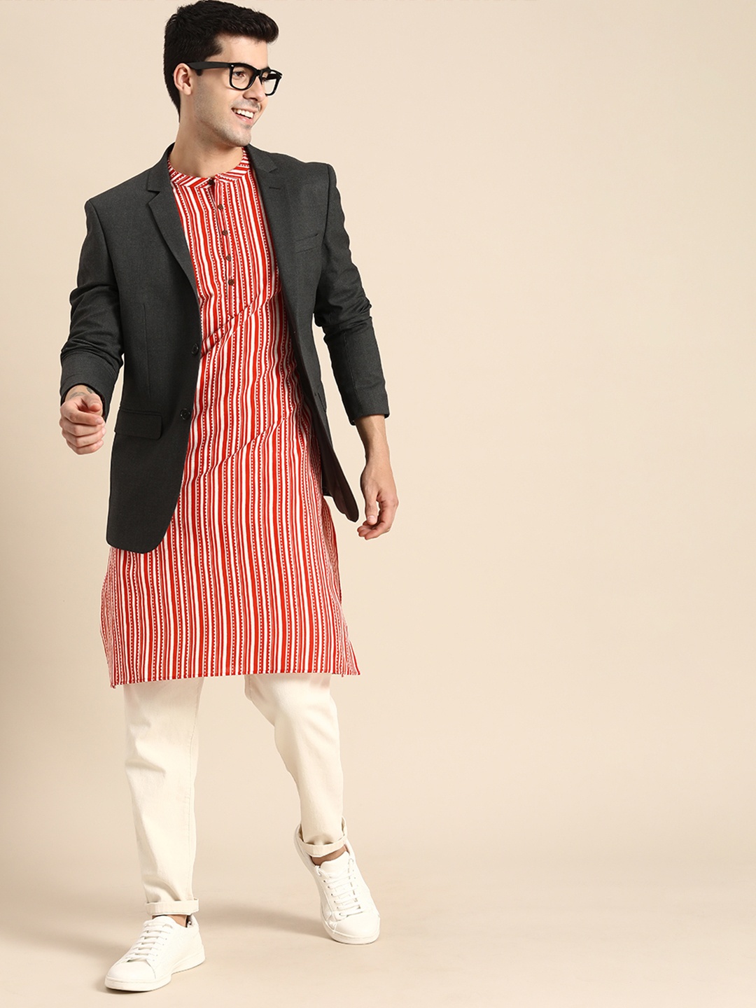 

Anouk Men Orange & White Striped Pure Cotton Straight Kurta