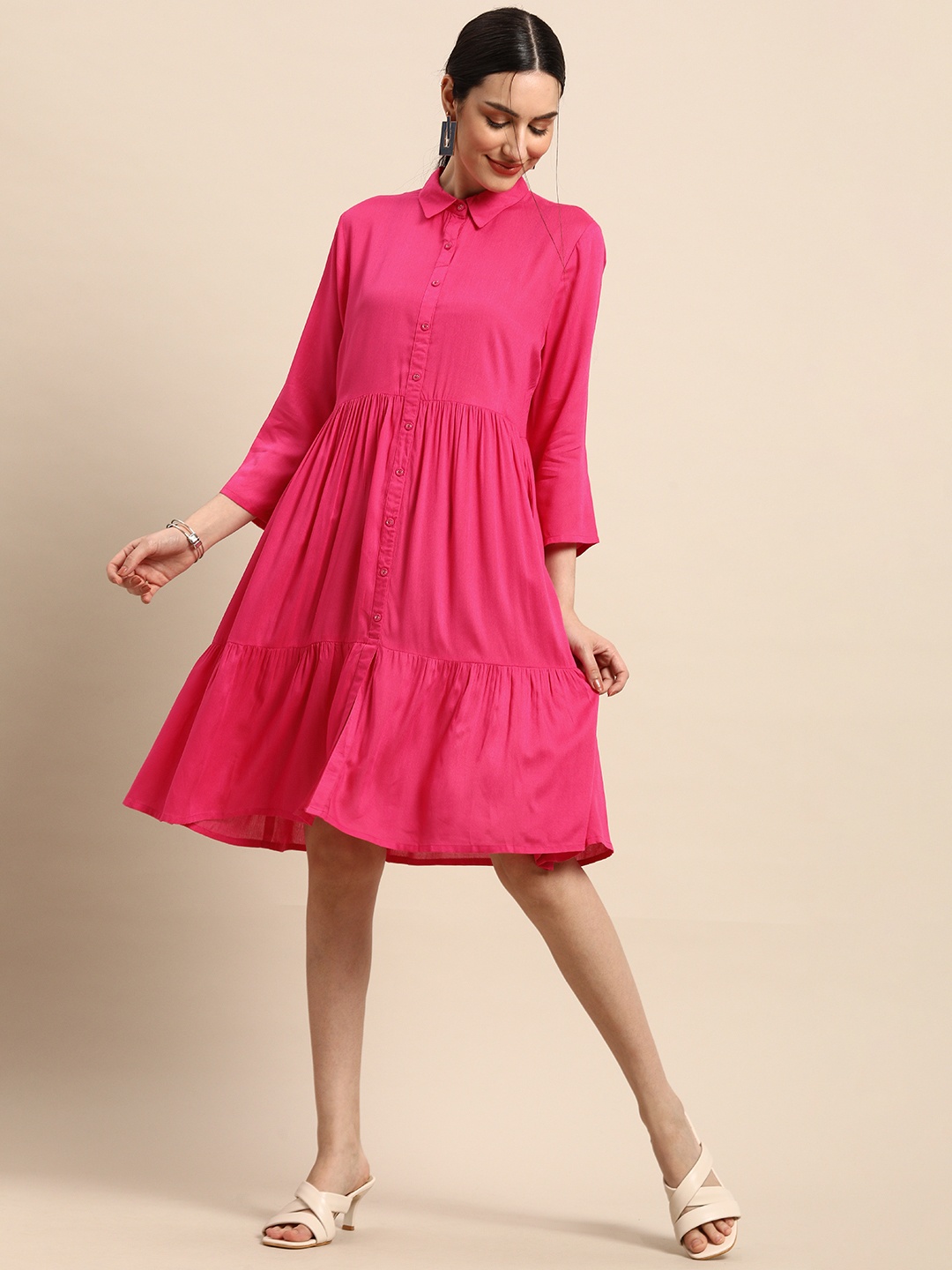 

Anouk Pink Solid A-Line Shirt Collar Tiered Midi Dress