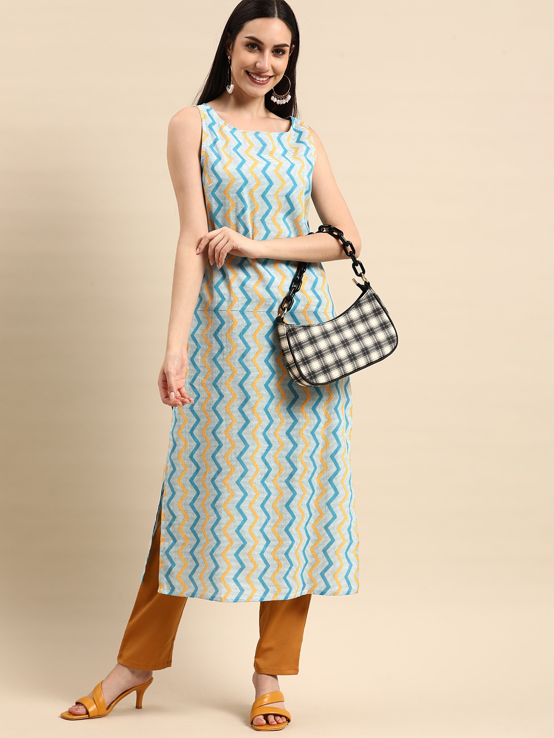 

Anouk Women Blue & Yellow Geometric Printed Pure Cotton Kurta