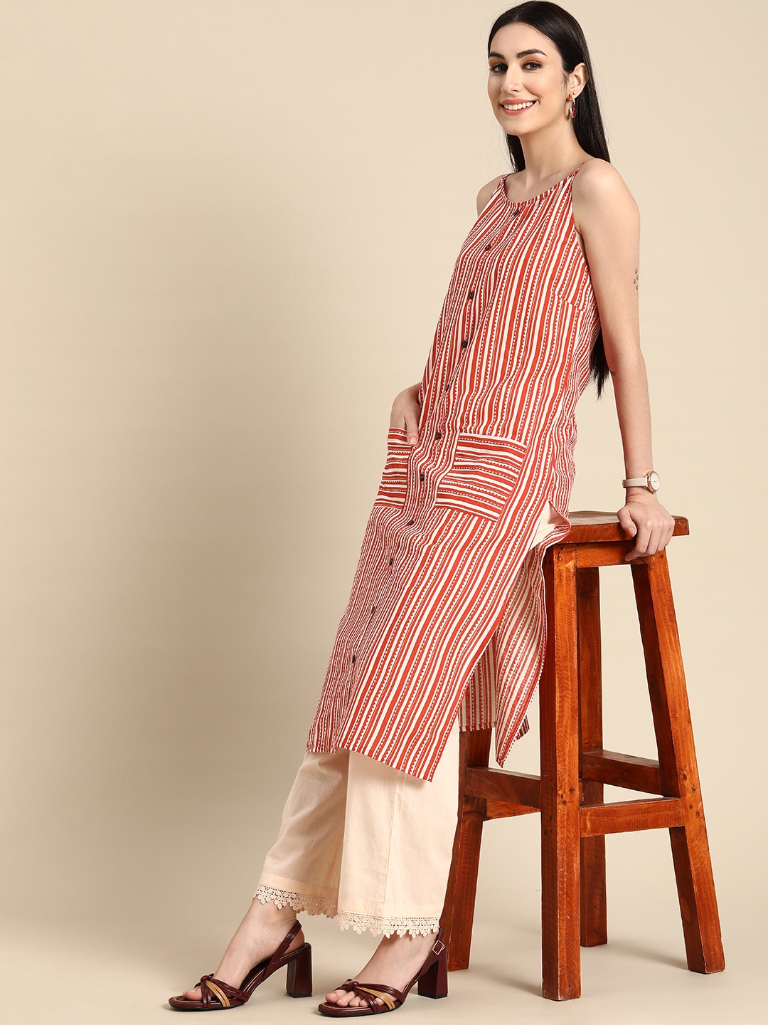 

Anouk Women Red & White Striped Pure Cotton Shoulder Strap Kurta