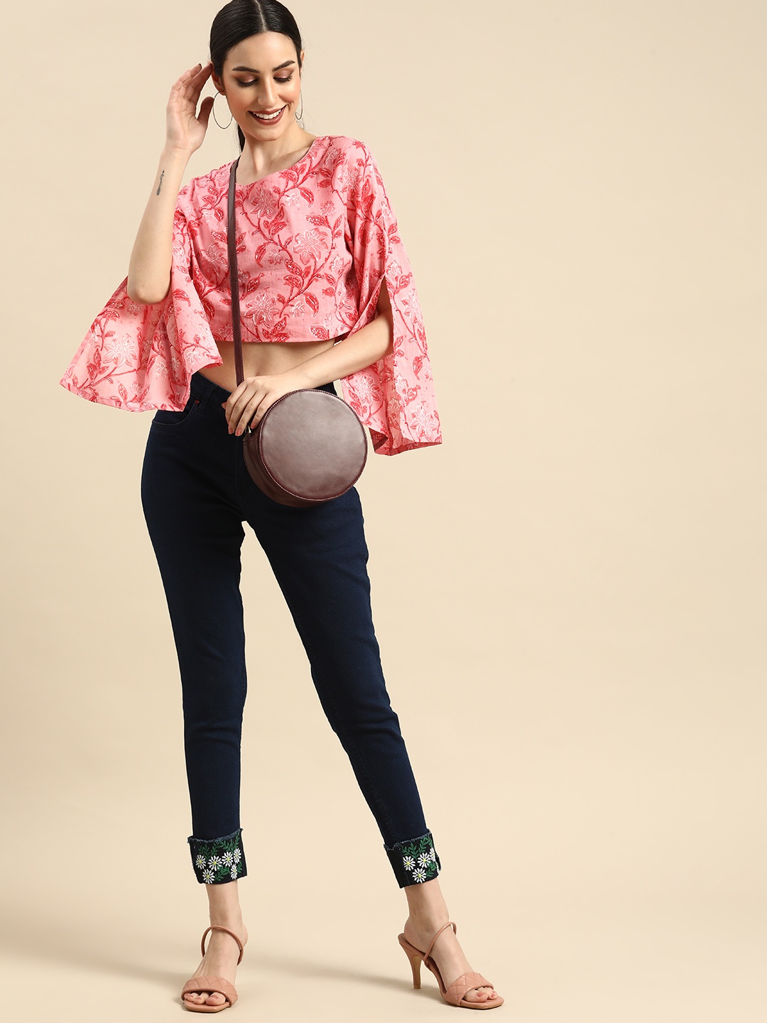 

Anouk Women Pink & Red Floral Print Pure Cotton Boxy Crop Top