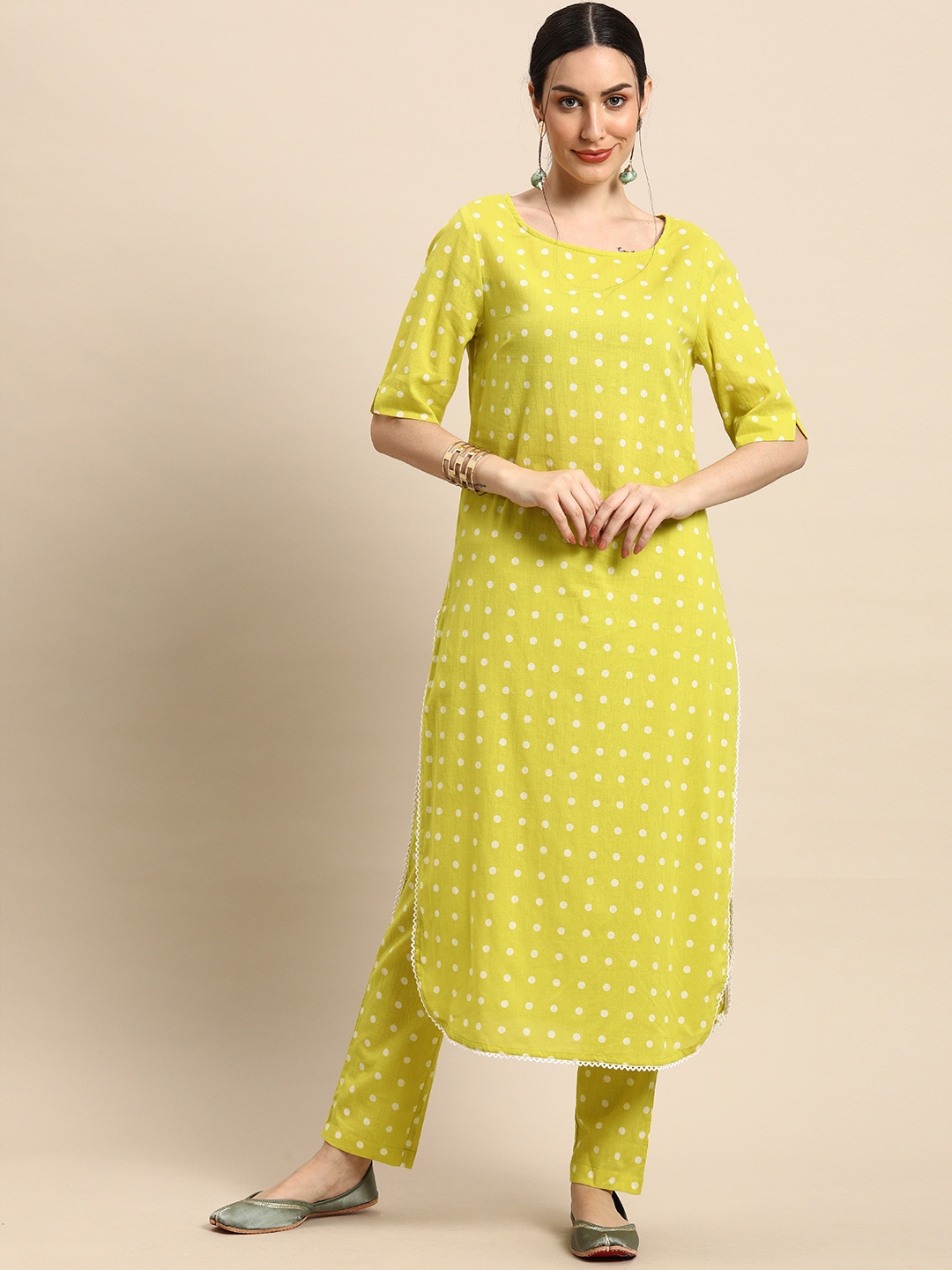 

Anouk Women Lime Green Polka Dots Printed Pure Cotton Kurta with Trousers