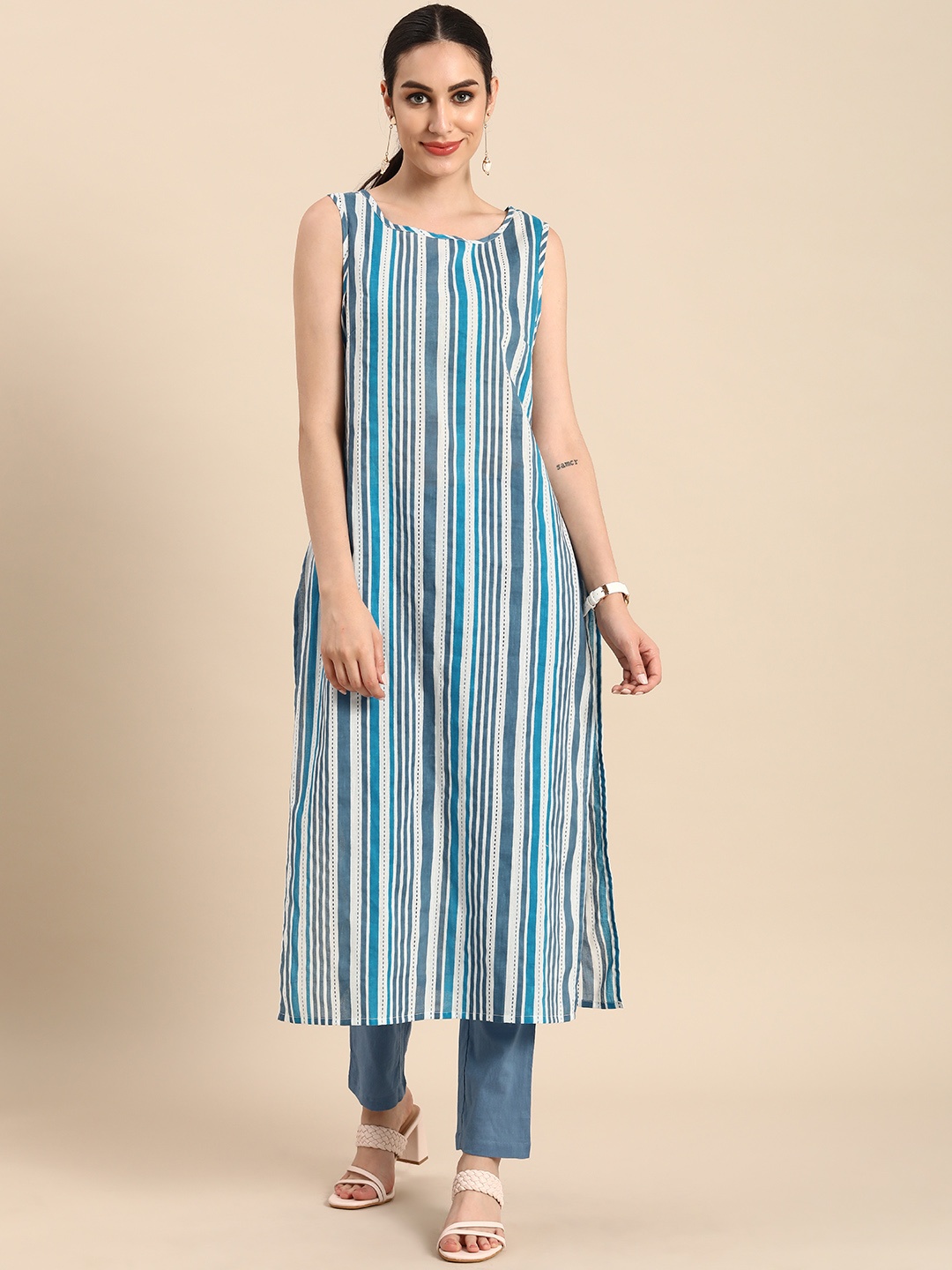 

Anouk Women Blue Printed Pure Cotton Kurta with Trousers