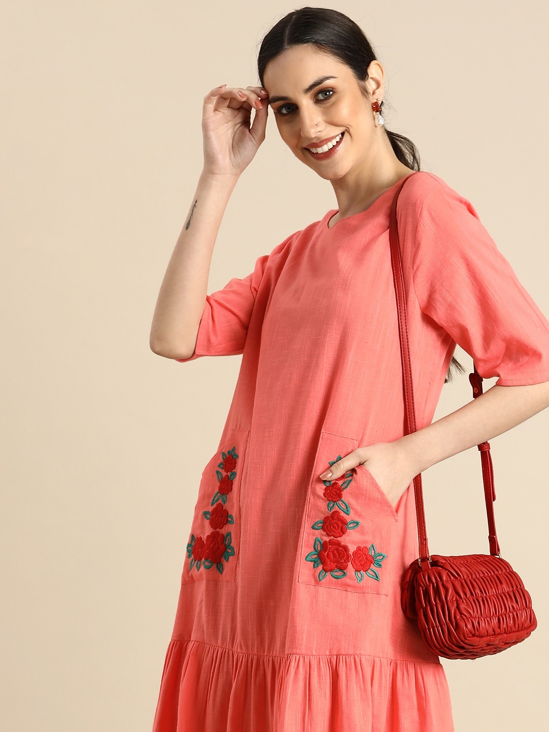 

Anouk Peach-Coloured A-Line Pure Cotton Tiered Dress With Floral Embroidered Pockets