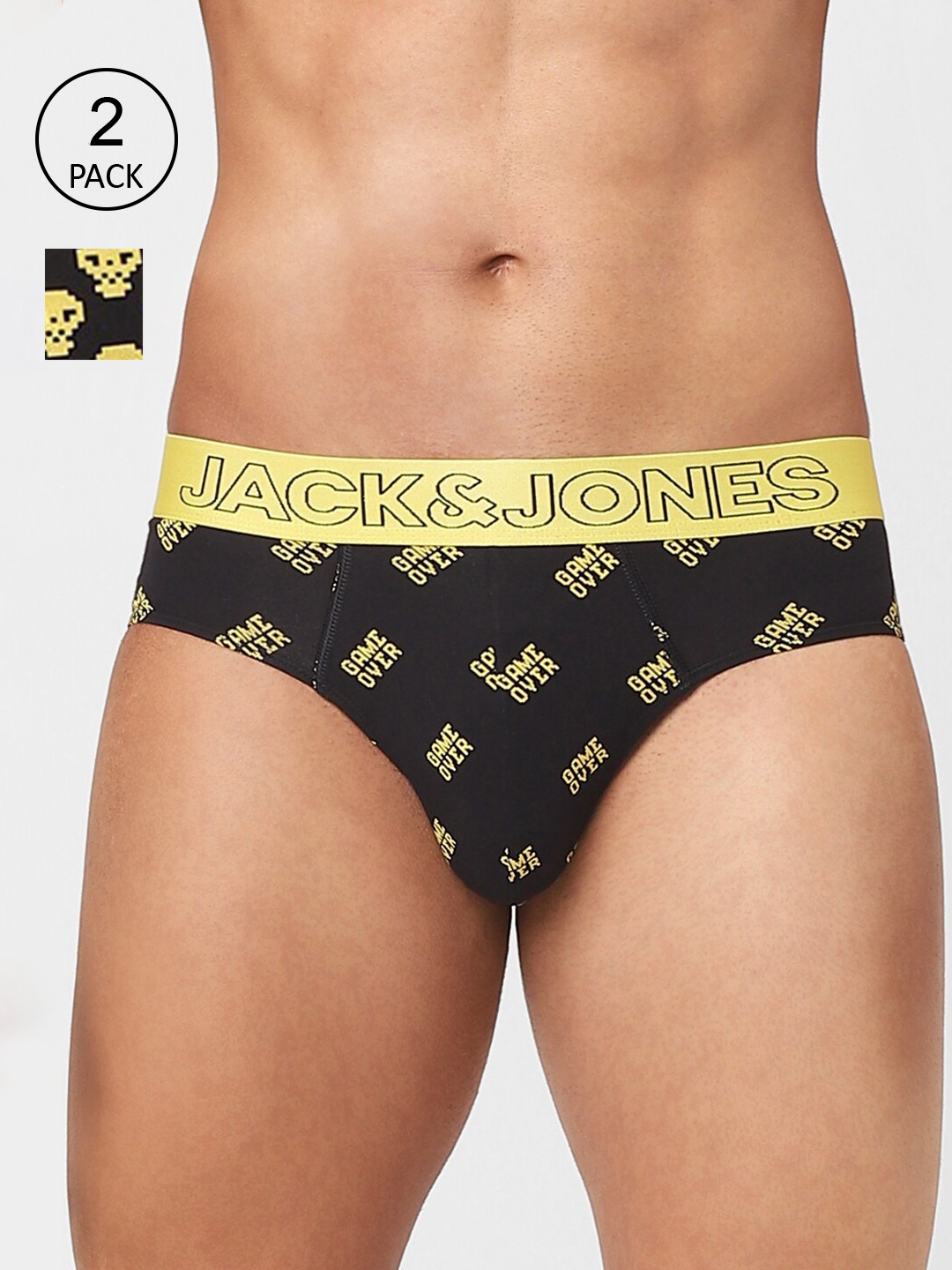 

Jack & Jones Men Black & Yellow Pack Of 2 Printed Cotton Basic Briefs