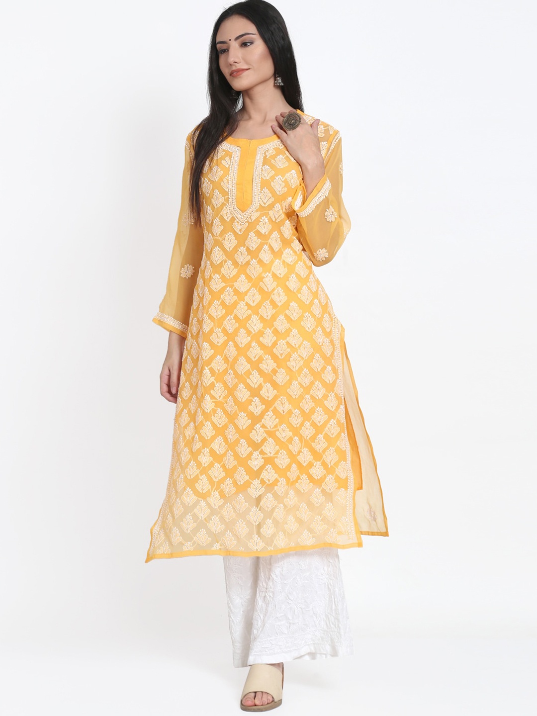 

PARAMOUNT CHIKAN Women Mustard Yellow & White Ethnic Motifs Embroidered Chikankari Georgette Kurta