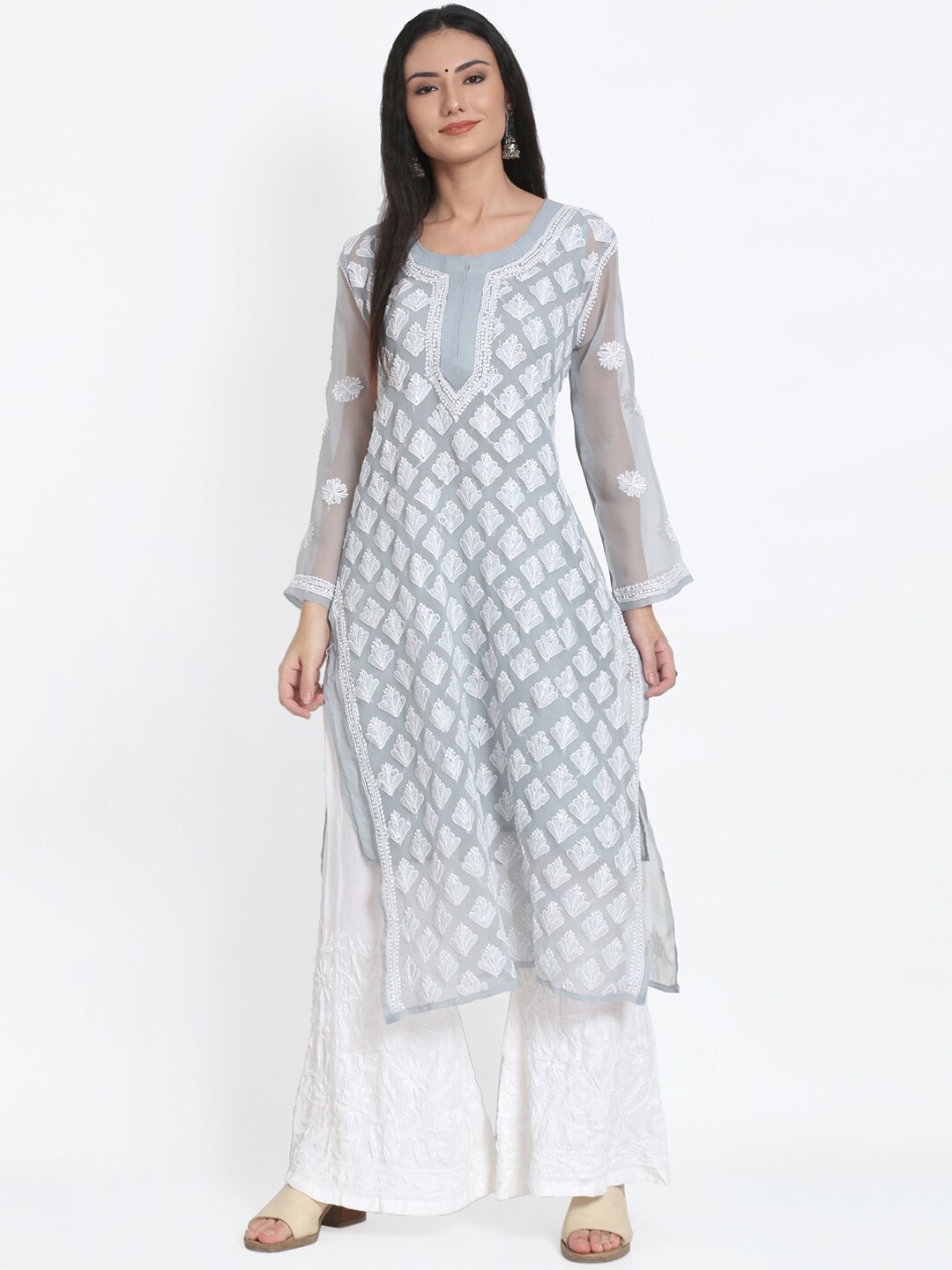 

PARAMOUNT CHIKAN Women Grey & White Ethnic Motifs Chikankari Straight Kurta