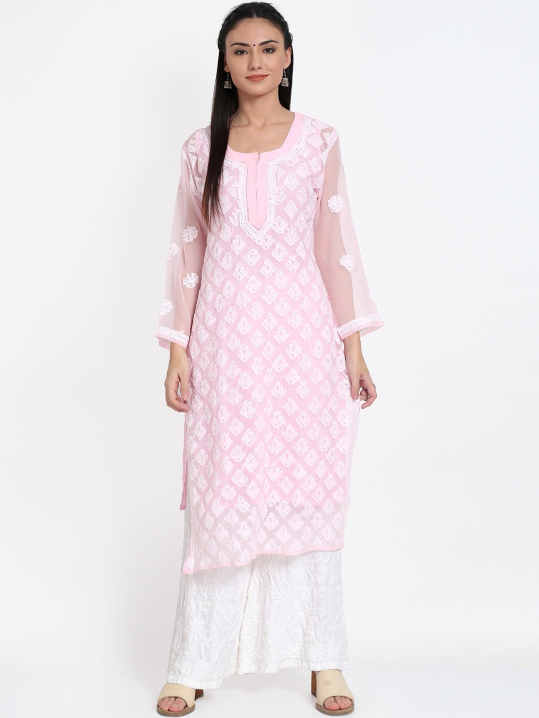 

PARAMOUNT CHIKAN Women Pink Embroidered Chikankari Georgette Kurta