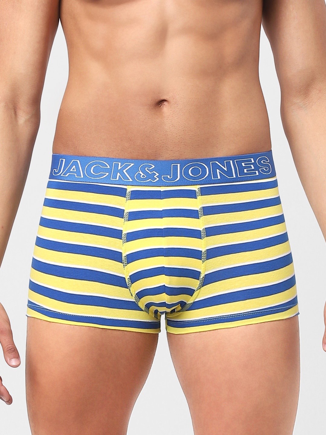 

Jack & Jones Men Blue & Yellow Striped Mid Rise Cotton Trunks