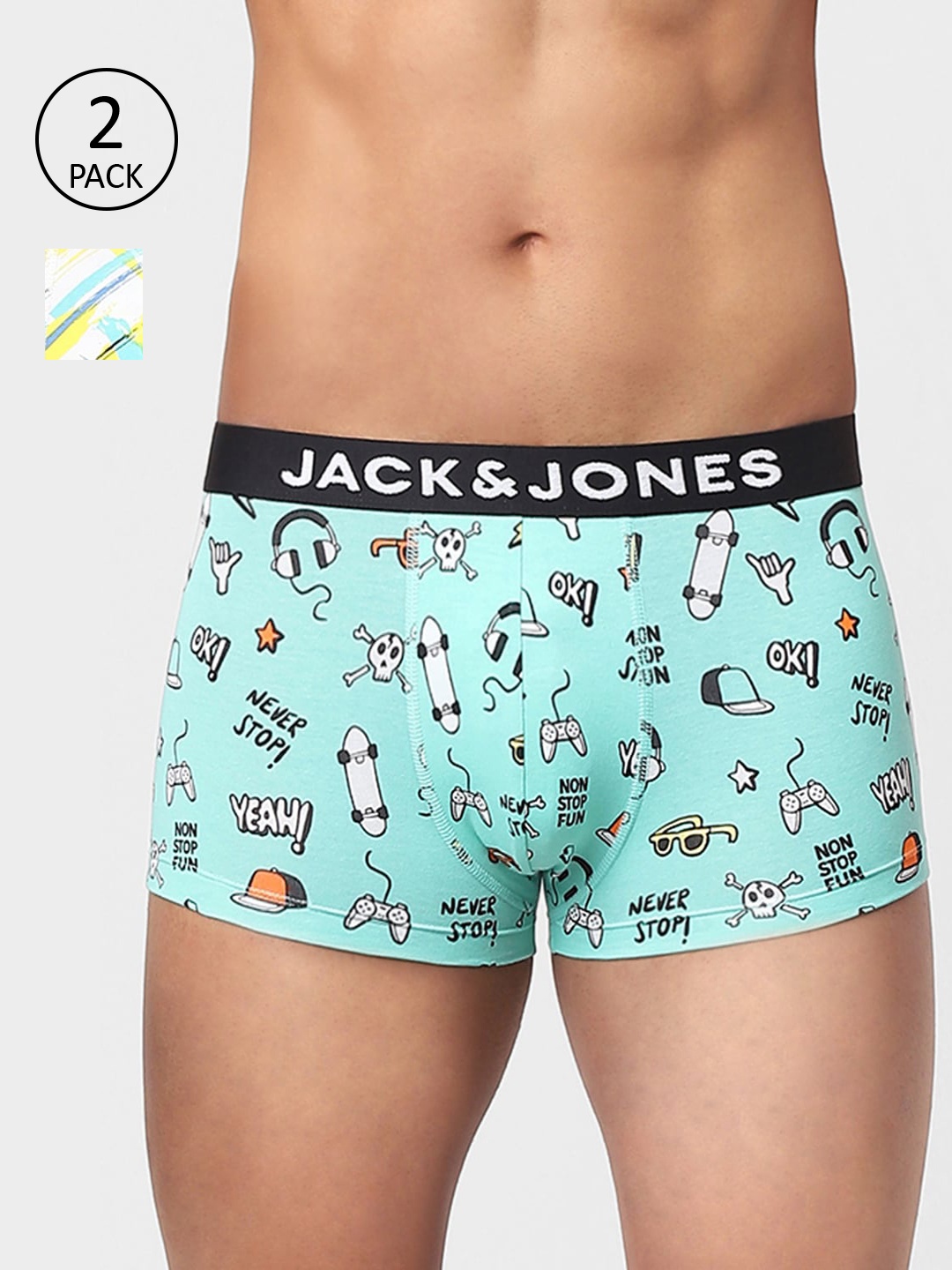 

Jack & Jones Men Pack Of 2 Printed Cotton Trunks, Turquoise blue