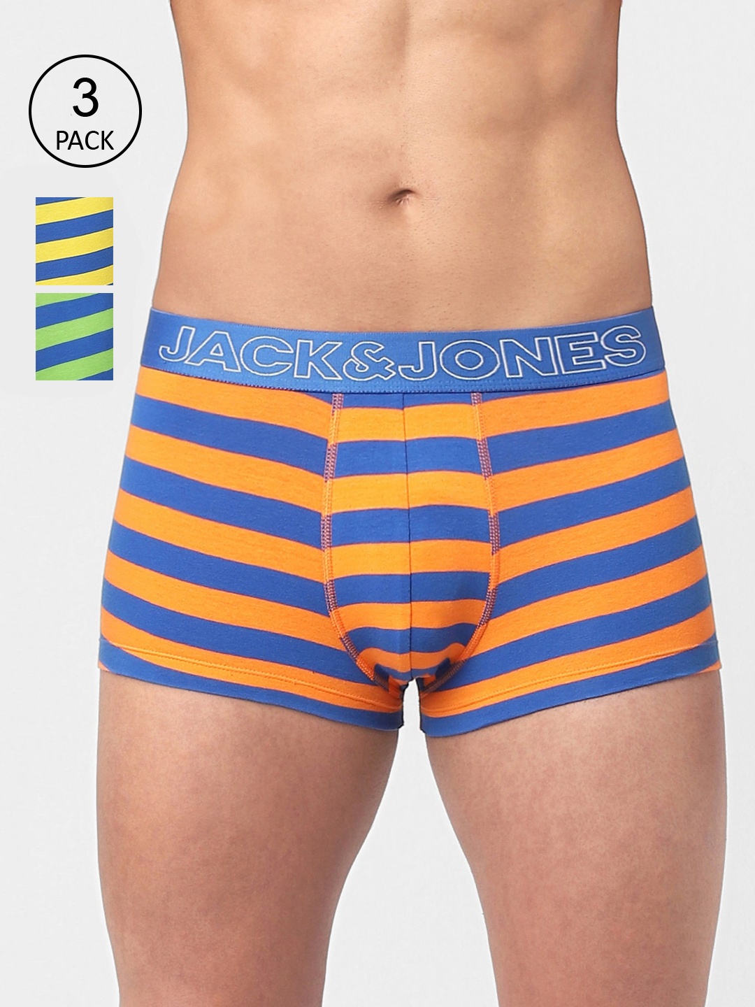 

Jack & Jones Men Pack Of 3 Blue & Orange Striped Cotton Trunks 116800401