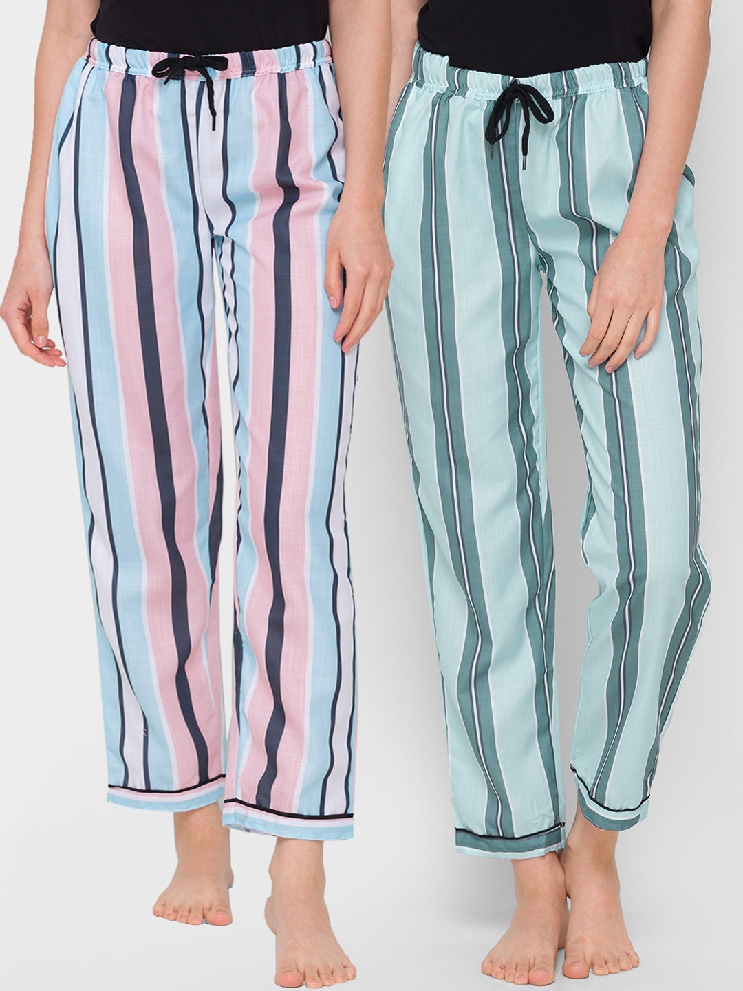 

FashionRack Women Pack Of 2 Multicoloured Striped Cotton Lounge Pants, Multi