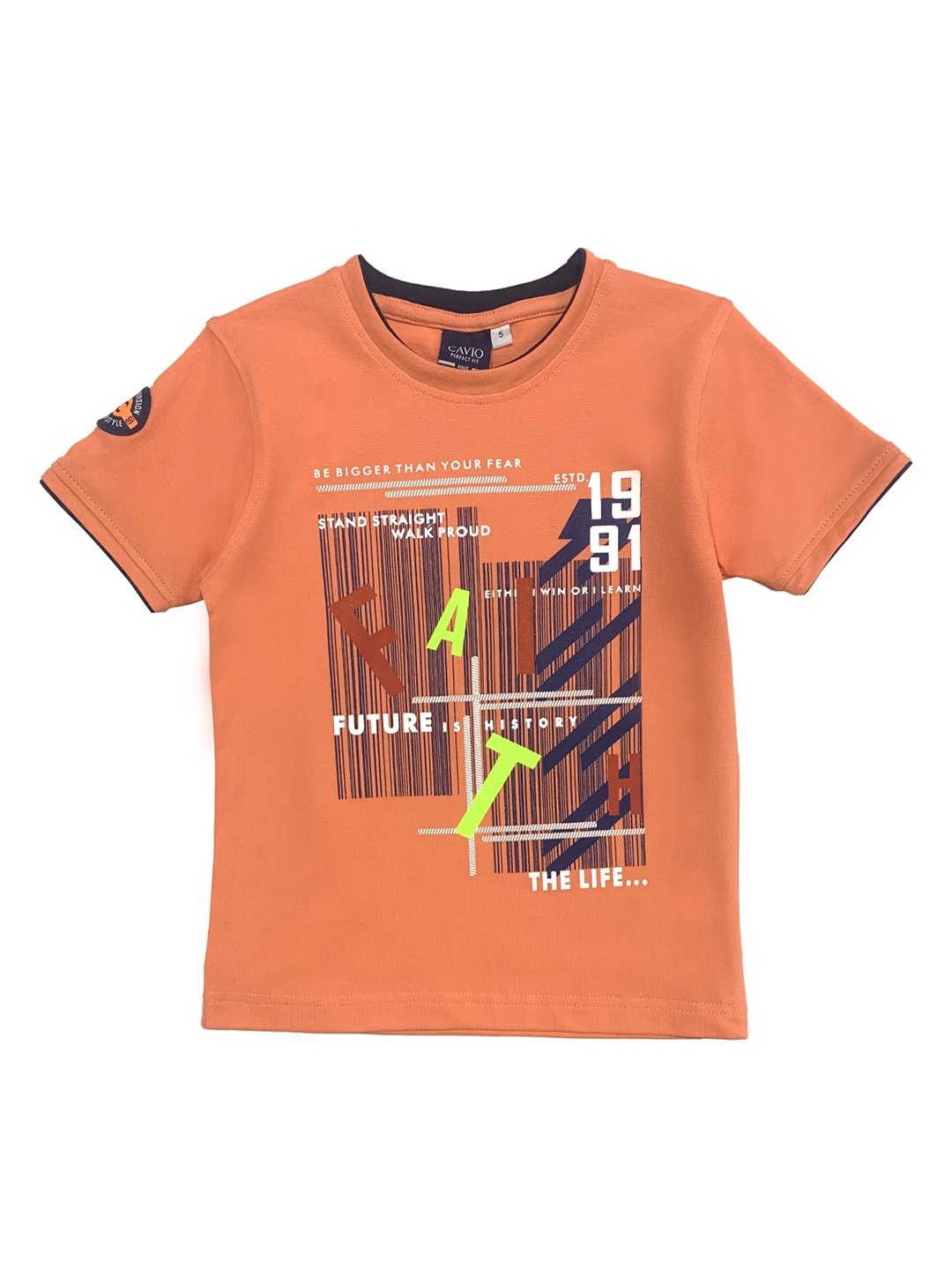 

CAVIO Boys Peach-Coloured & Navy Blue Typography Printed T-shirt