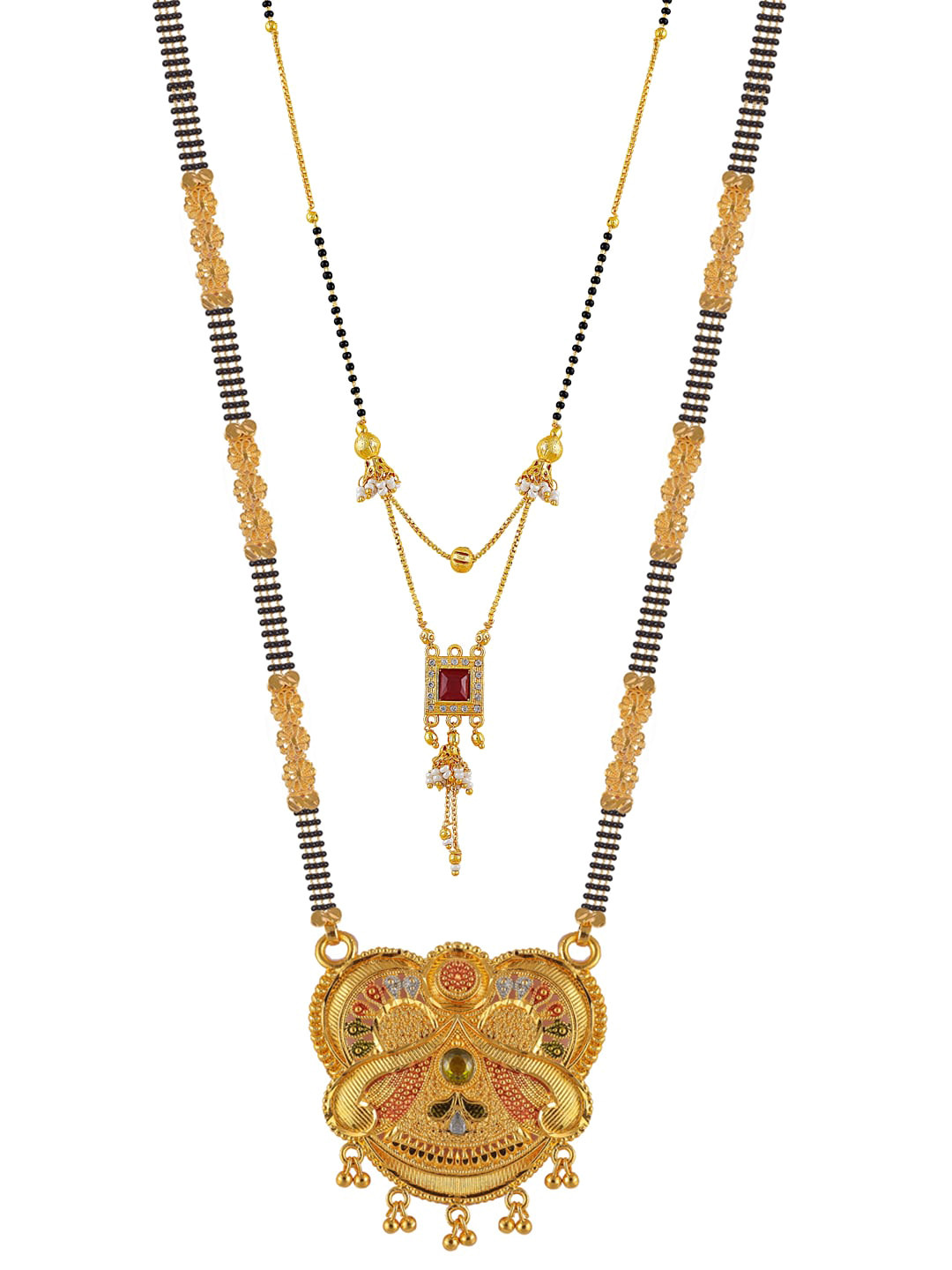 

Brandsoon Set Of 2 Gold-Plated Black & White Stone-Studded & Beaded Mangalsutra
