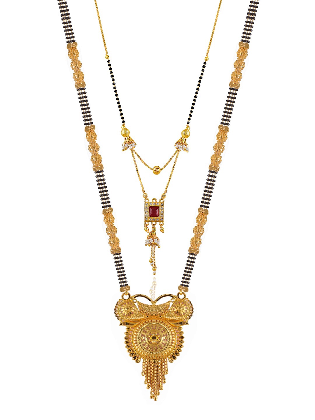 

Brandsoon Set Of 2 Gold-Plated Black & White Stone-Studded & Beaded Mangalsutra