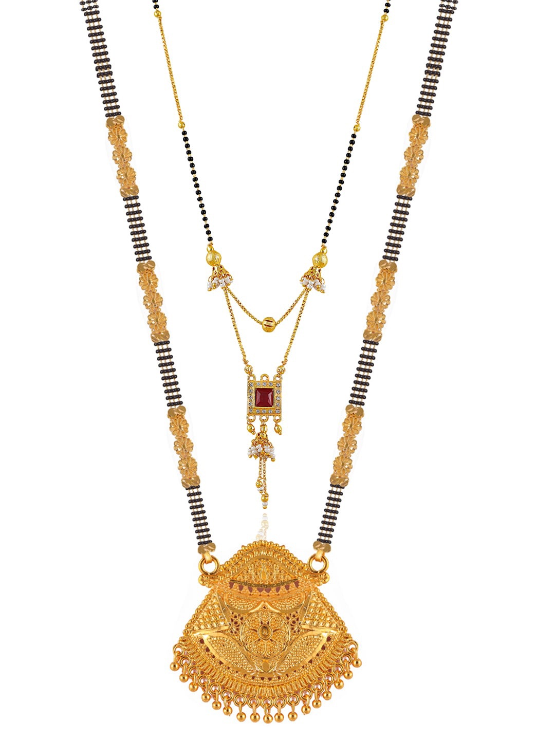 

Brandsoon Set Of 2 Gold-Plated Black & White Stone-Studded & Beaded Mangalsutra