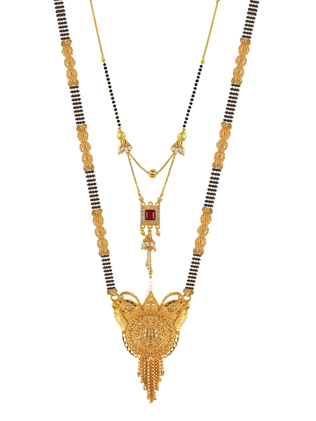 

Brandsoon Set Of 2 Gold-Plated Black & White Stone-Studded & Beaded Mangalsutra