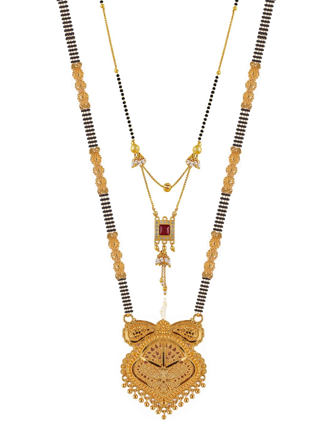 

Brandsoon Set Of 2 Gold-Plated Black & White Stone-Studded & Beaded Mangalsutra