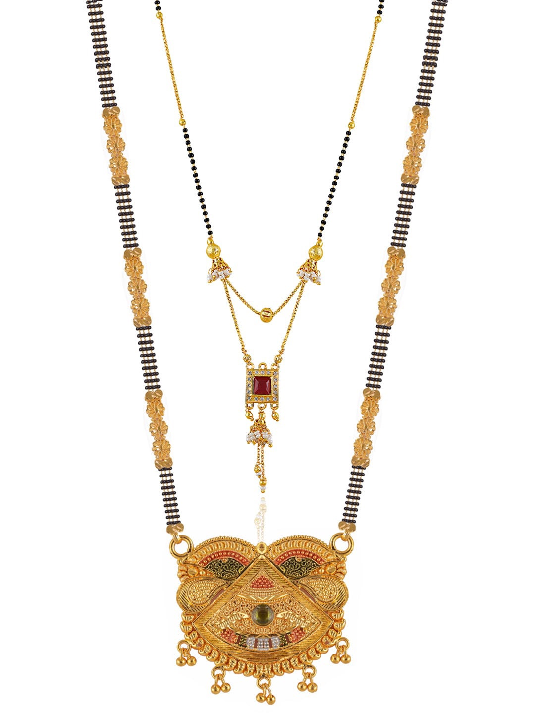 

Brandsoon Set Of 2 Gold-Plated Red & White Stone-Studded Black Beaded Mangalsutra