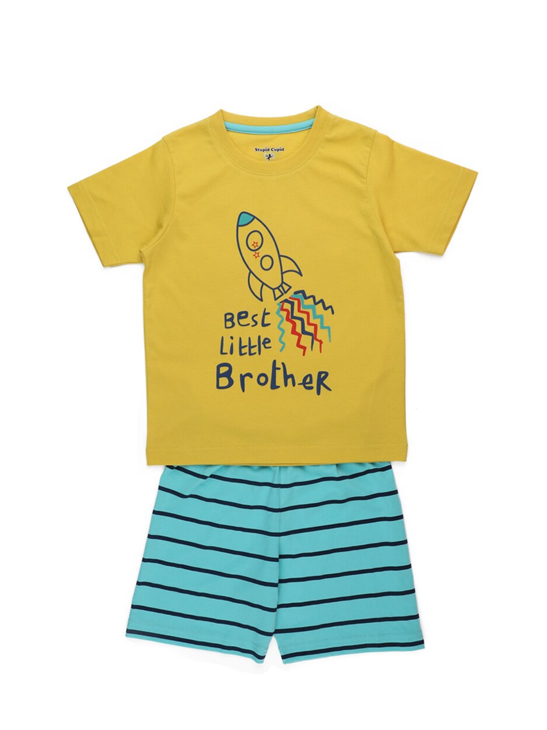

Stupid Cupid Boys Yellow & Blue Printed T-shirt with Shorts Co-Ord Set