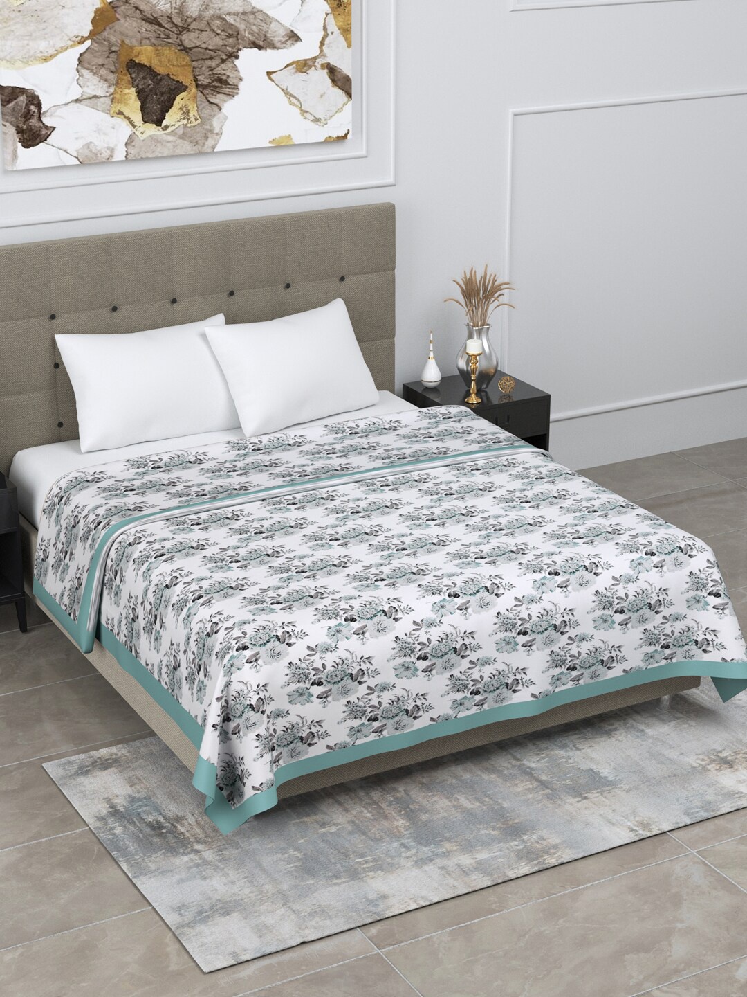 

LINENWALAS Happy Sleeping Green Floral AC Room 150 GSM Cotton Single Bed Dohar
