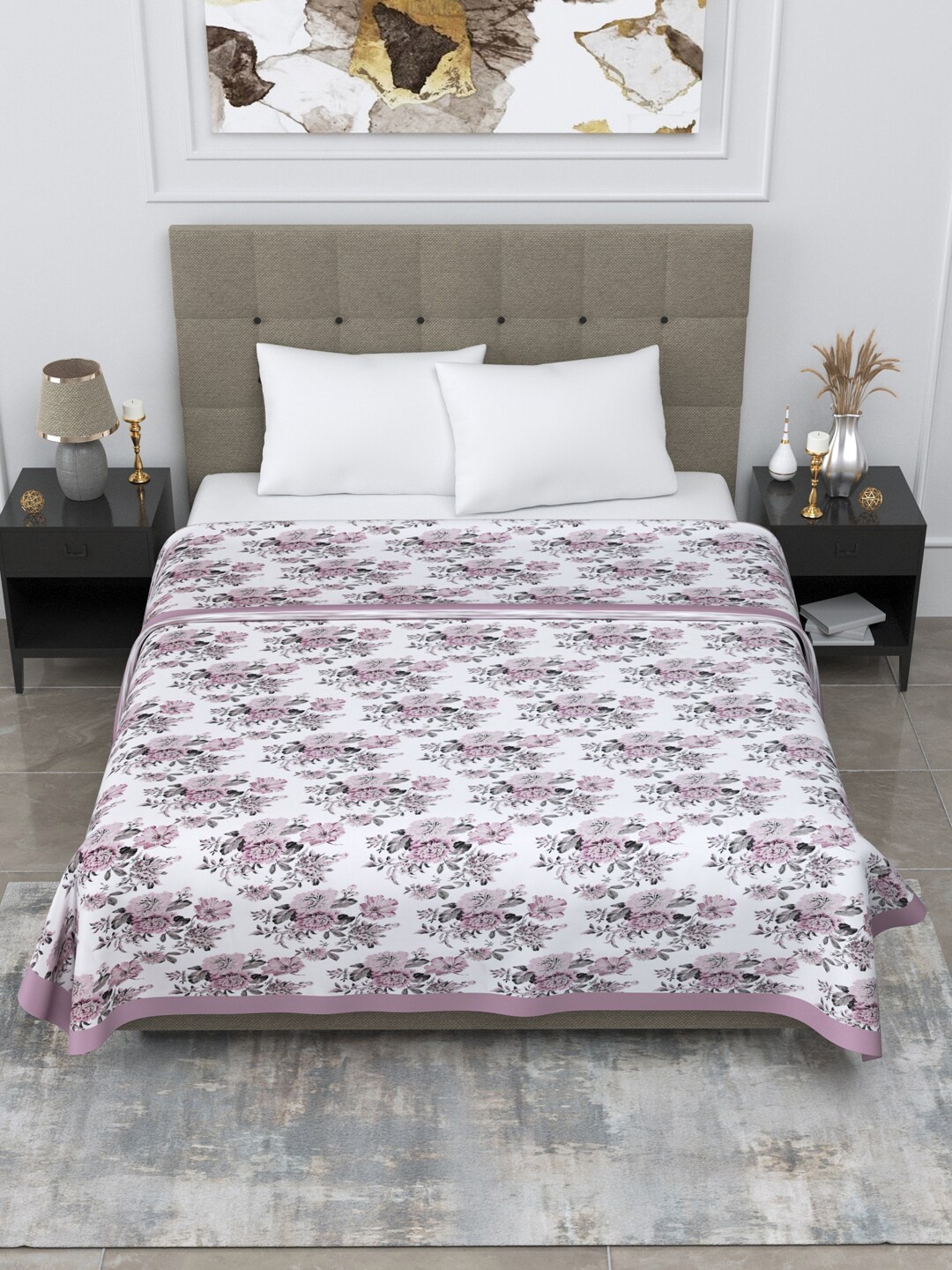 

LINENWALAS Happy Sleeping White & Purple Boho Mink Floral AC Room 150 GSM Double Bed Dohar