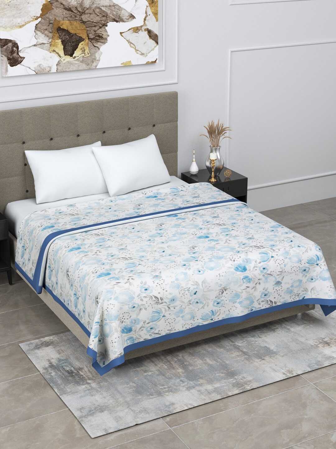 

LINENWALAS Happy Sleeping Blue & White Floral AC Room 150 GSM Double Bed Dohar