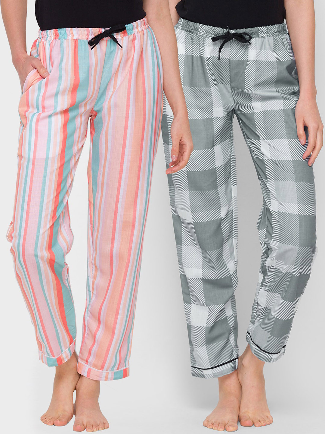 

FashionRack Women Pack of 2 Grey & White Mid Rise Cotton Lounge Pants