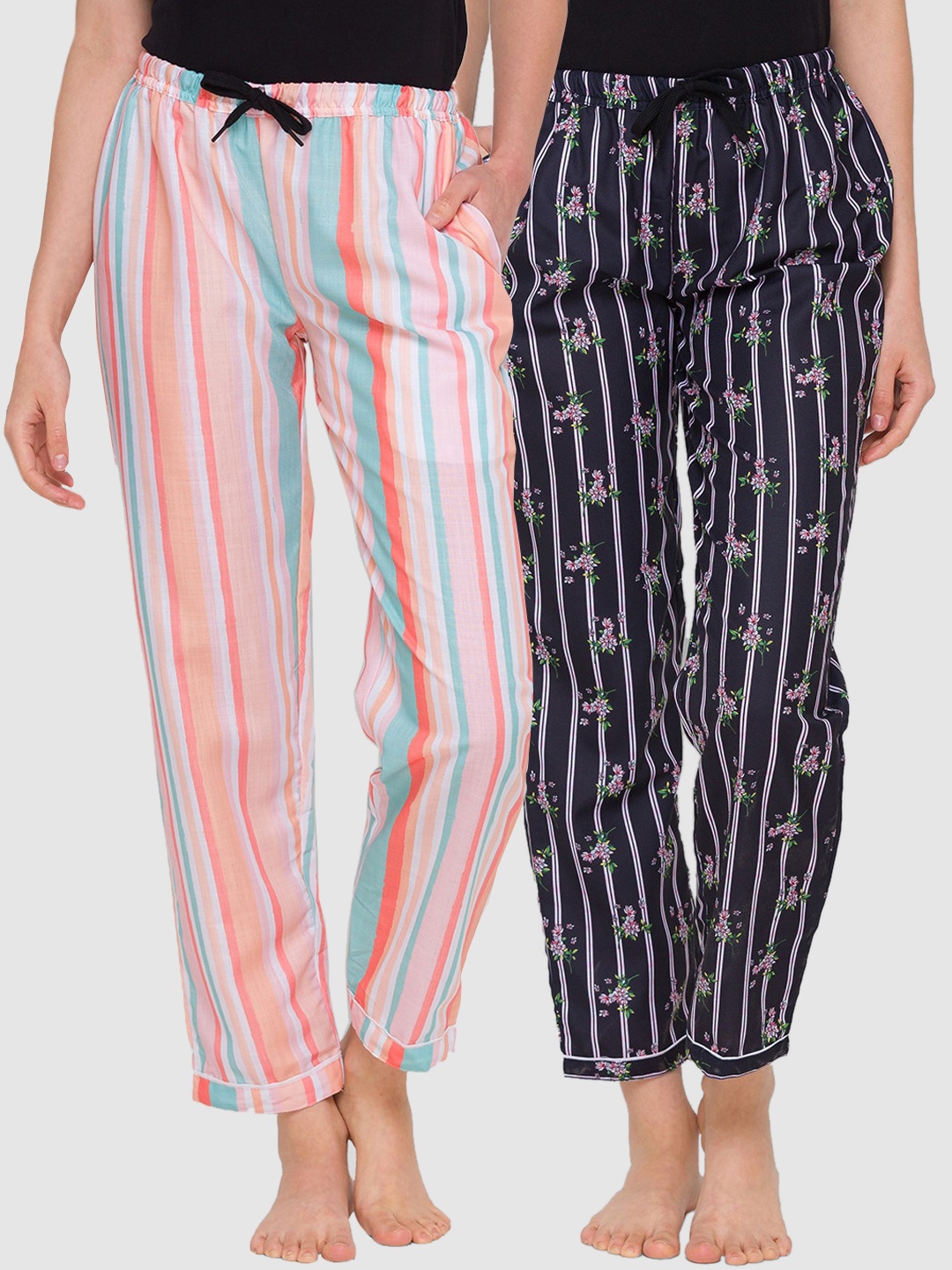 

FashionRack Women Black & Pink Set Of 2 Printed Cotton Lounge Pants
