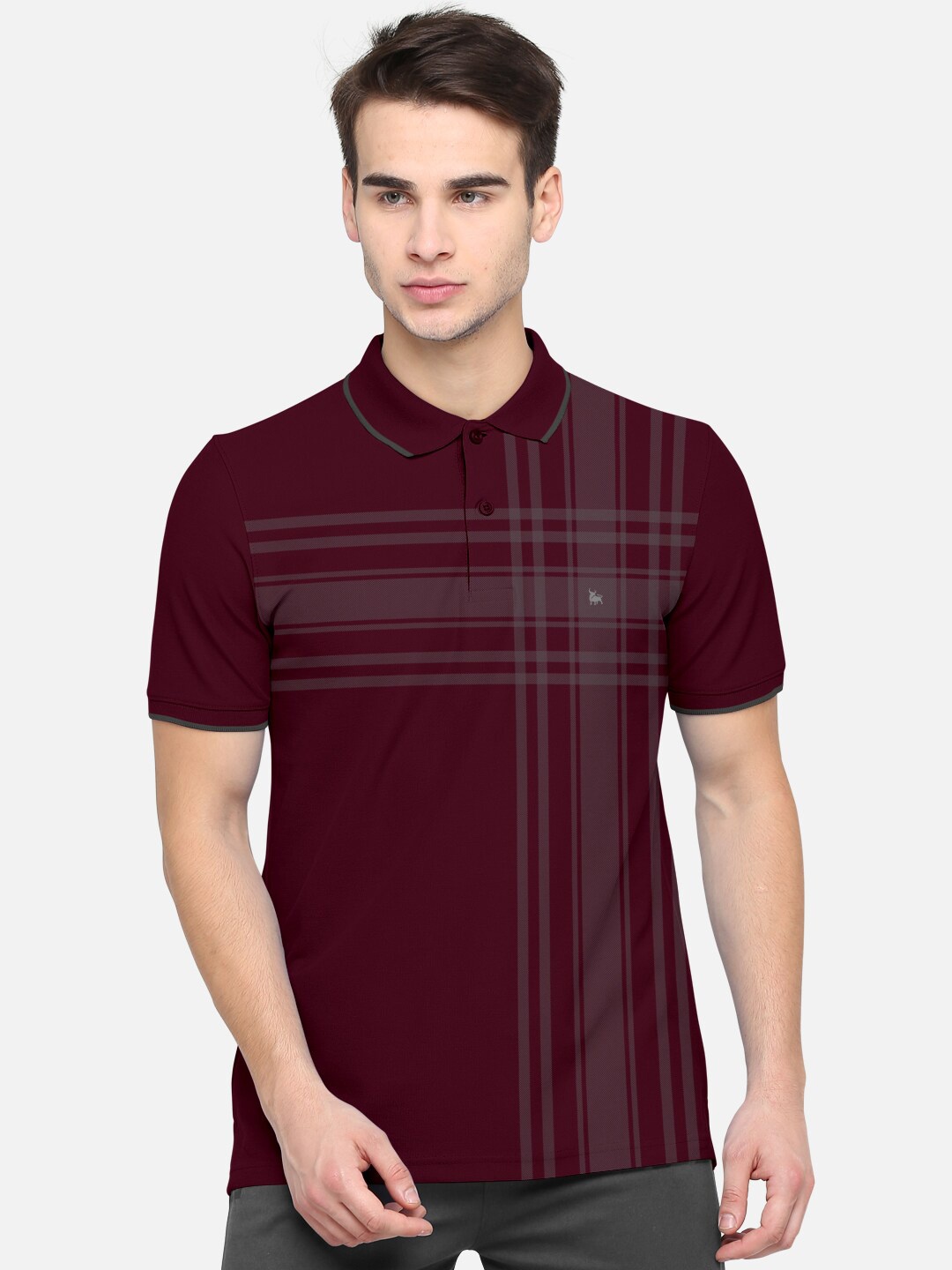 

BULLMER Men Maroon Striped Polo Collar Bio Finish Cotton T-shirt