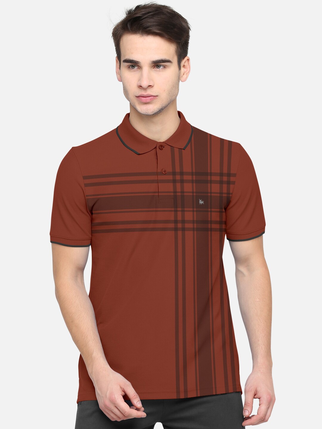 

BULLMER Men Brown Striped Polo Collar Bio Finish T-shirt