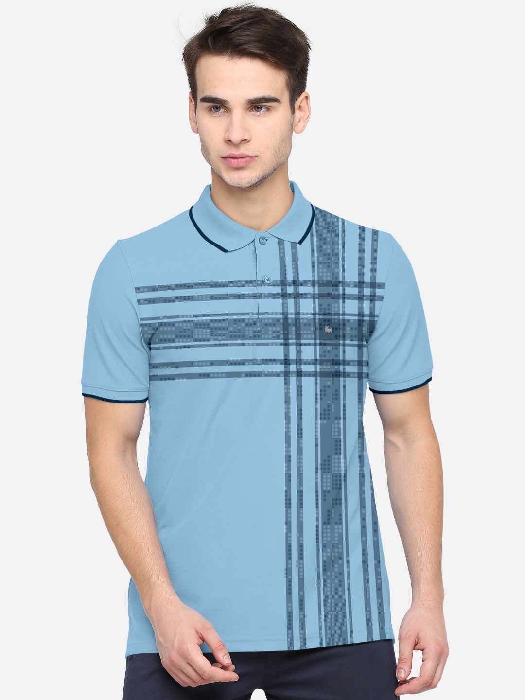 

BULLMER Men Blue Striped Polo Collar Bio Finish Cotton T-shirt