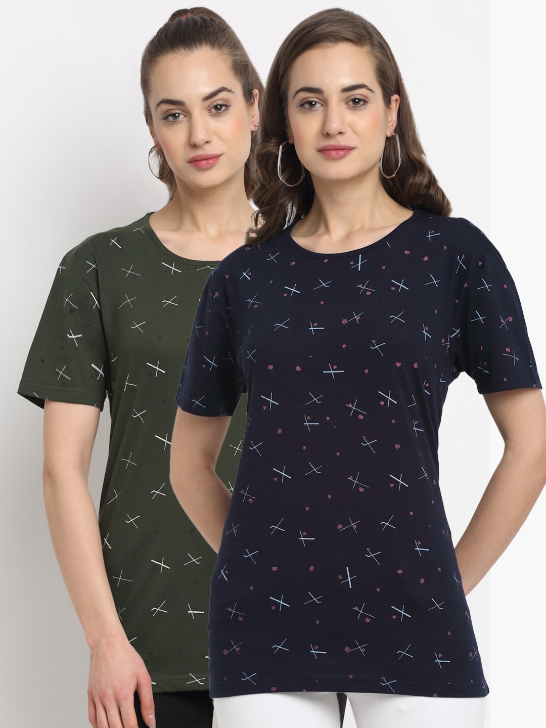 

MACK JONNEY Women Navy Blue & Olive Green Printed T-shirt Pack Of 2