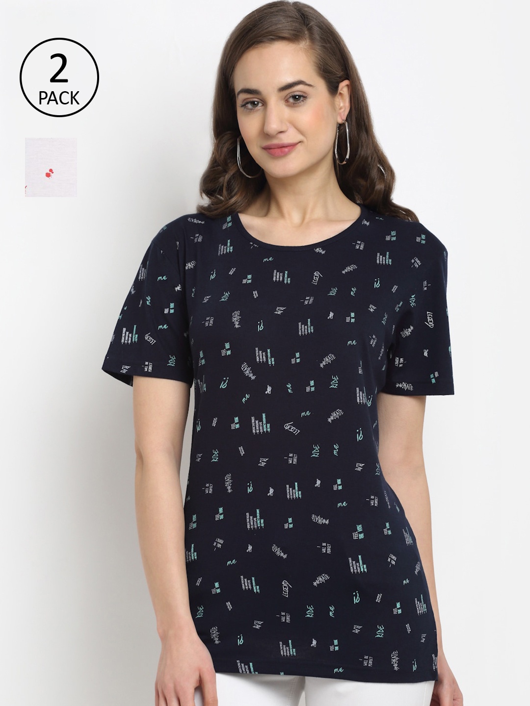 

VIMAL JONNEY Women Navy Blue & White Set Of 2 Printed T-shirt