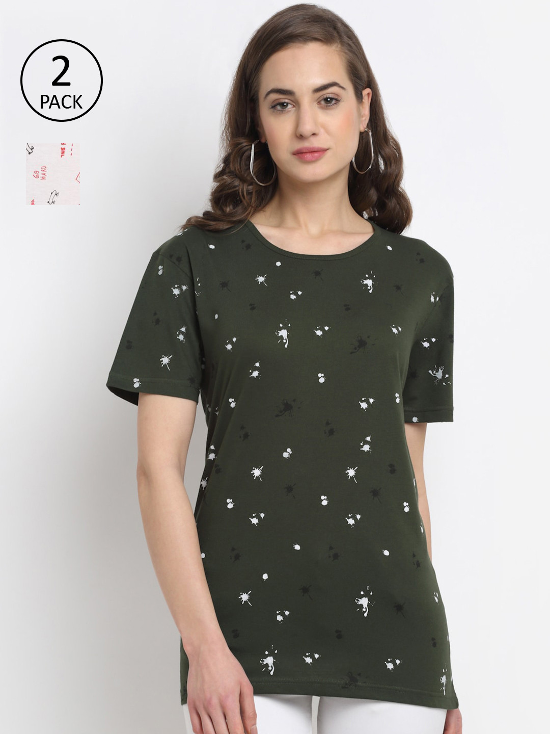 

MACK JONNEY Women Olive Green & White Pack of 2 Printed T-shirt