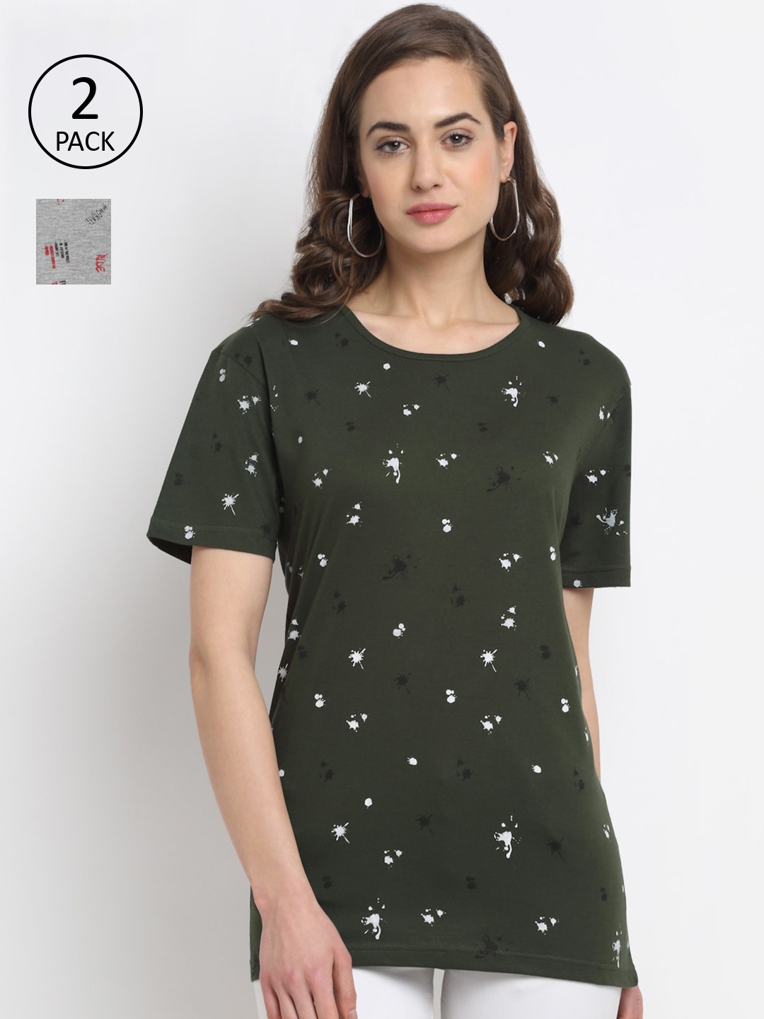

VIMAL JONNEY Women Olive Green & Grey Melange Pack of 2 Printed T-shirt