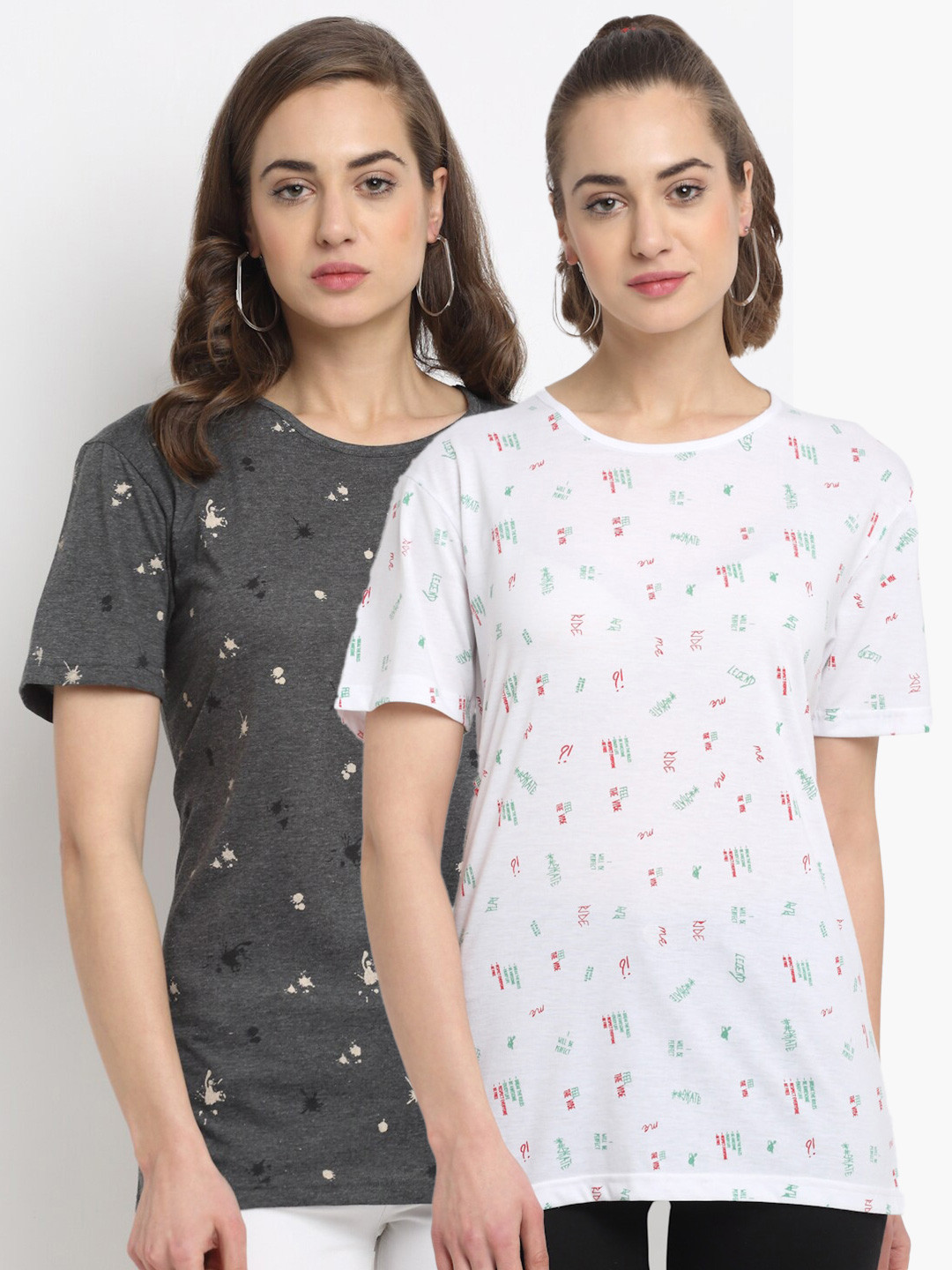

MACK JONNEY Women White & Grey Typography Printed T-shirt Pack Of 2