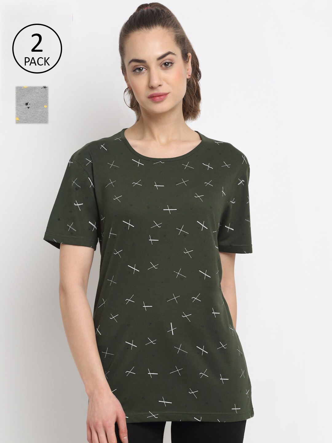 

VIMAL JONNEY Women Pack of 2 Olive Green & Grey Printed Drop-Shoulder Sleeves T-shirt