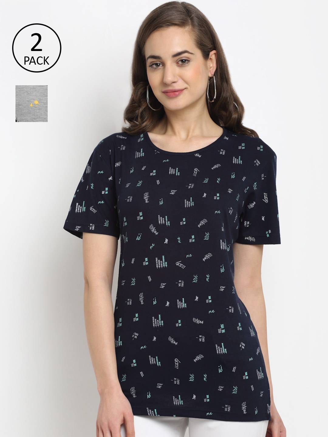 

VIMAL JONNEY Women Navy Blue & Grey Typography Printed T-shirt Pack Of 2