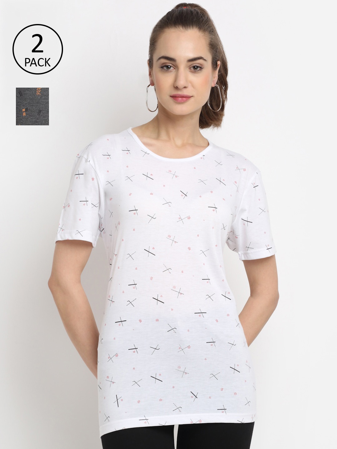 

MACK JONNEY Women White & Green Set Of 2 Printed T-shirt