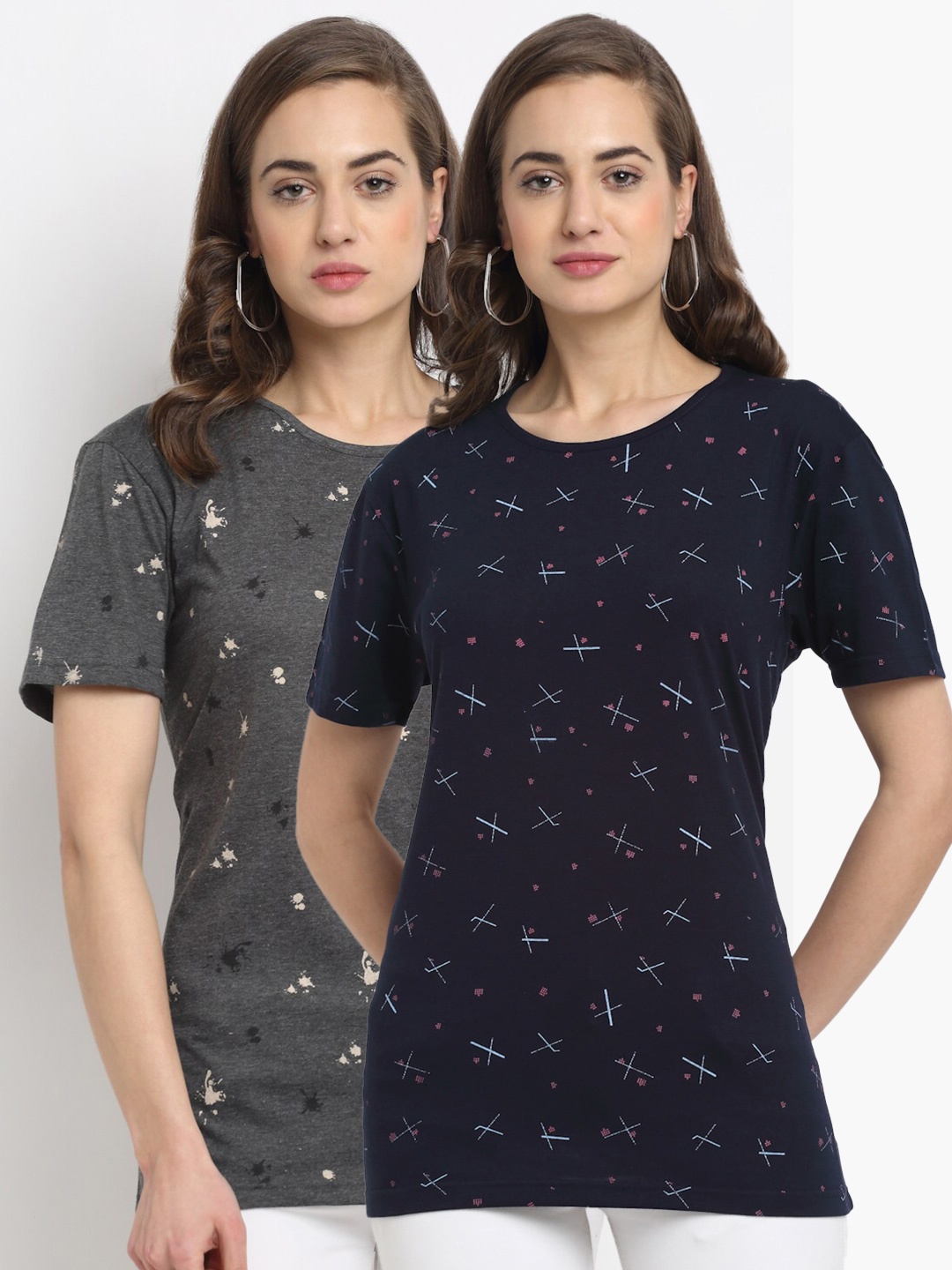 

MACK JONNEY Women Navy Blue & Olive Green Typography Printed T-shirt Pack Of 2