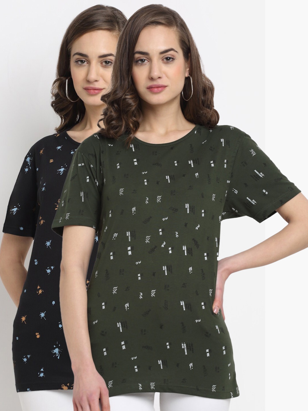 

VIMAL JONNEY Women Olive Green & Blue Set Of 2 Printed T-shirt