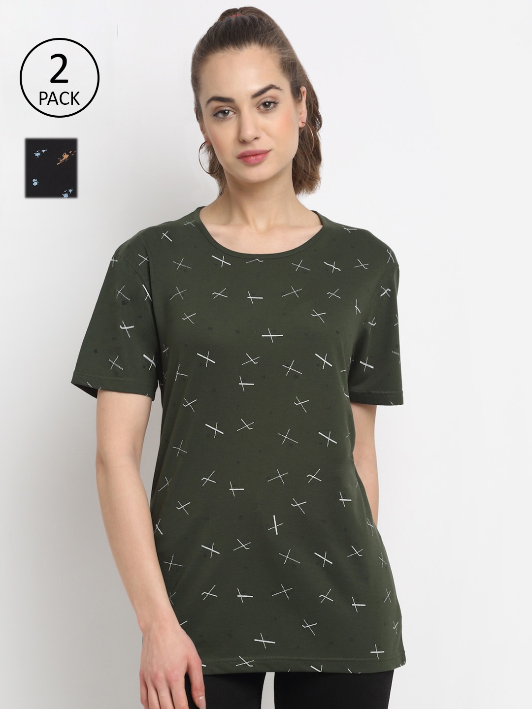 

VIMAL JONNEY Women Olive Green & Black Pack of 2 Printed T-shirt