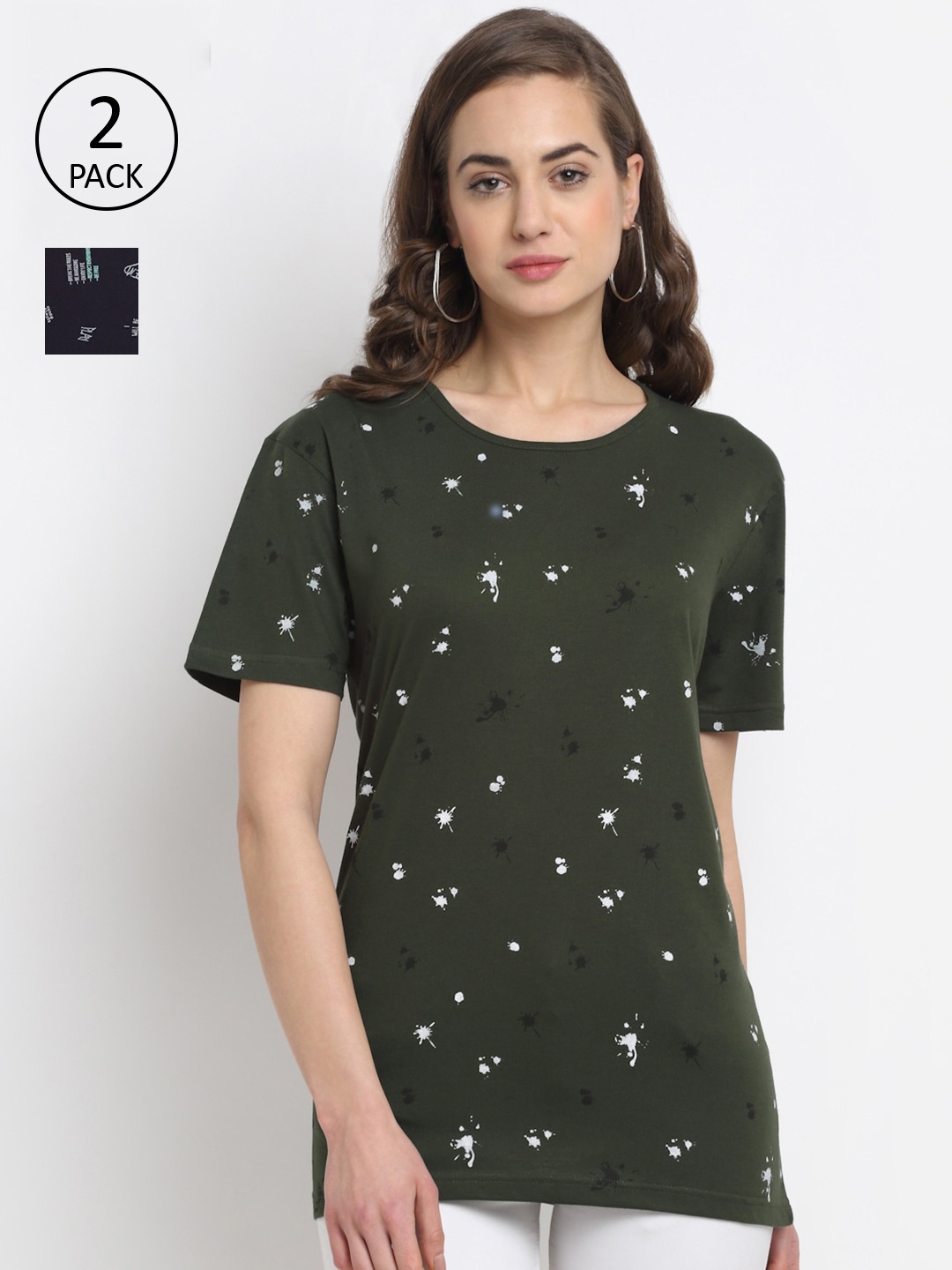 

VIMAL JONNEY Women Olive Green & Blue Set Of 2 Printed Extended Sleeves T-shirt