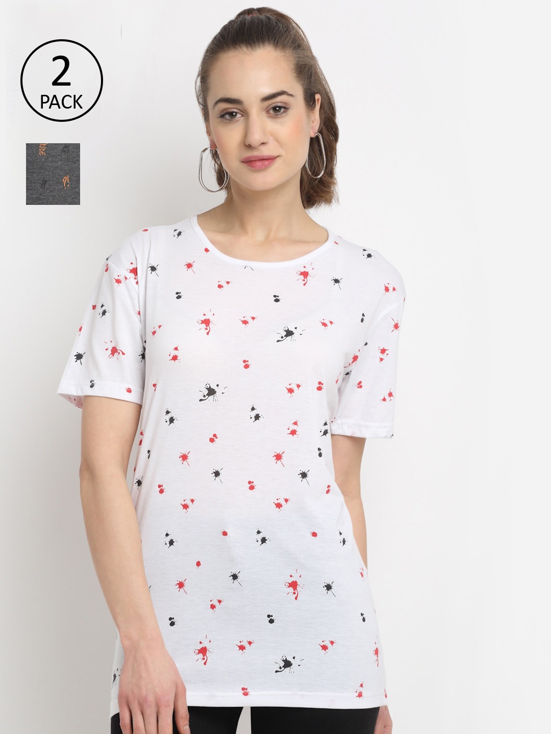 

MACK JONNEY Women Pack of 2 White & Grey Printed Drop-Shoulder Sleeves T-shirt