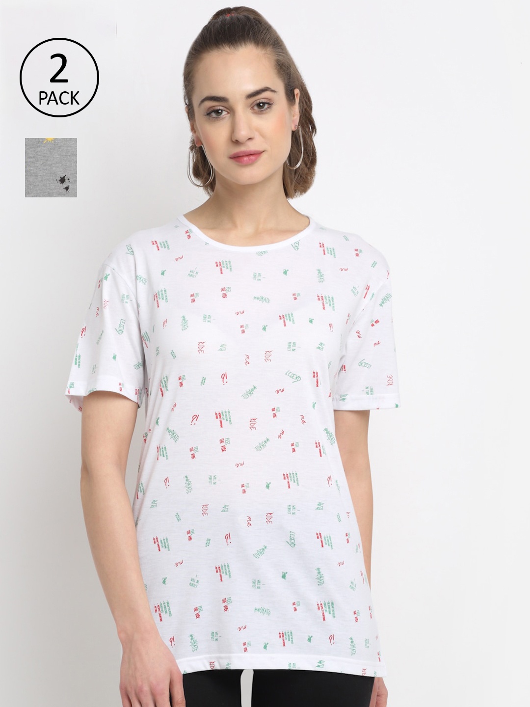 

MACK JONNEY Women White & Grey Set of 2 Printed T-shirt