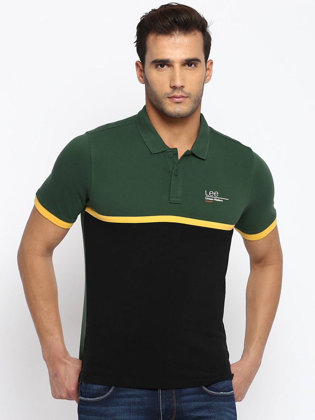 

Lee Men Green & Black Colourblocked Cotton Polo Collar T-shirt