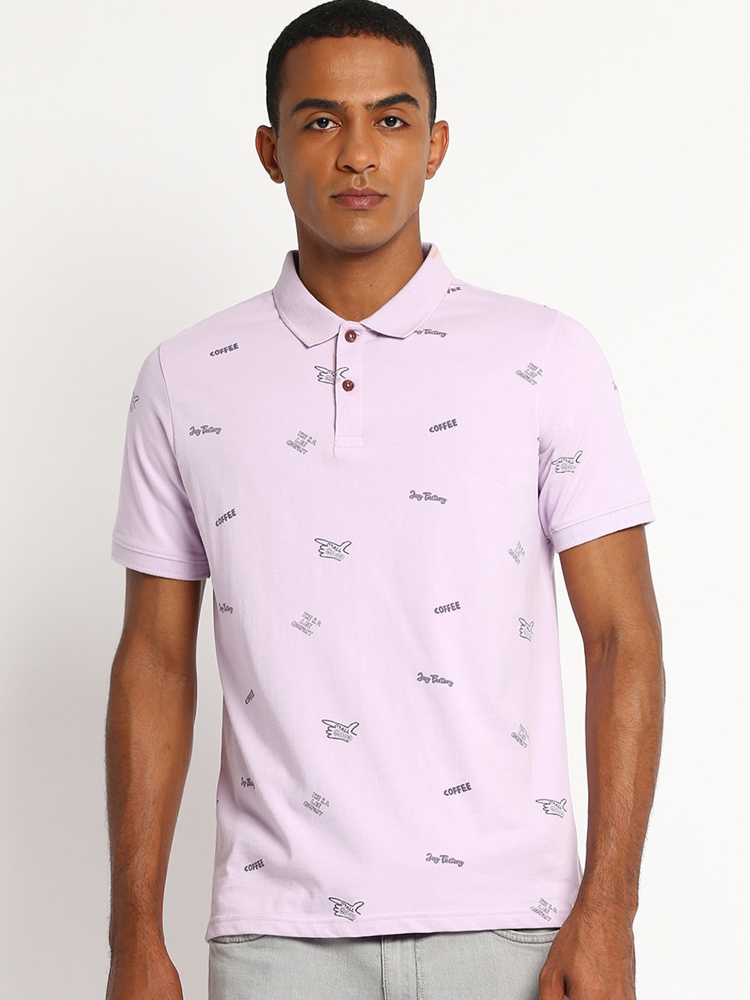 

Lee Men Lavender Printed Polo Collar Slim Fit Cotton T-shirt